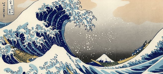 the great wave off kanagawa, a classic Japanese woodcut showing a Tsunami wave with boats in the foreground and Mount Fuji in the distance